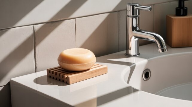 Bar of soap on a wooden soap dish next to a modern sink with a faucet in a bright bathroom.
