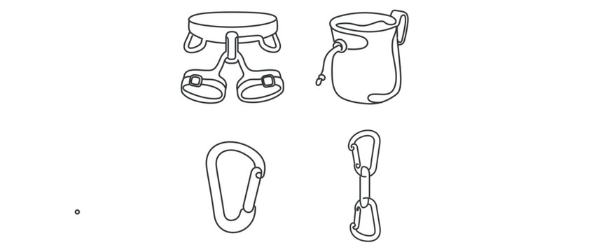 Professional Rock Climbing and Mountaineering Gear Vector Icon Set with Editable Stroke. Collection of 4 Minimalist Icons featuring Climbing Harness, Chalk Bag, Carabiner, and Quickdraw for