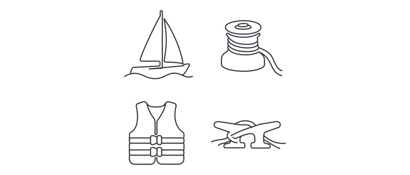 Sailing and Nautical Equipment Editable Stroke Vector Icon Set Collection of 4 Icons Featuring a Sailboat, Winch, Life Jacket, and Boat Cleat for Regatta, Marine, and Yachting Designs.