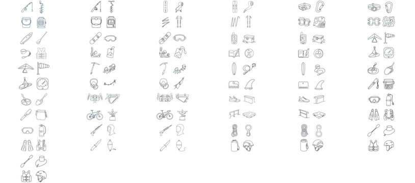 Mega Vector Icon Set of 124 Outdoor Adventure and Recreation Icons with Editable Stroke. Bundle featuring Snowboarding, Caving, SUP, Mountaineering, Scuba, Kayaking, Bikepacking, and Extreme Sports.