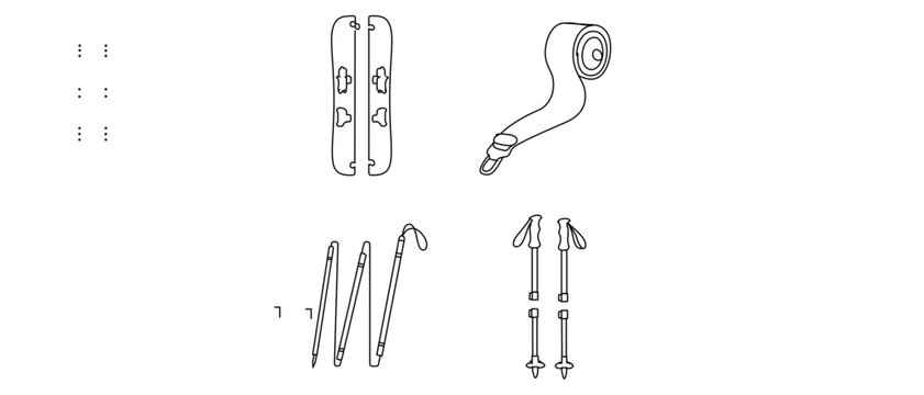 Backcountry Splitboarding Gear Vector Icon Set with Editable Stroke; 4 Minimalist Icons Featuring Splitboard, Climbing Skins, Avalanche Probe, and Collapsible Trekking Poles for Winter Sports.