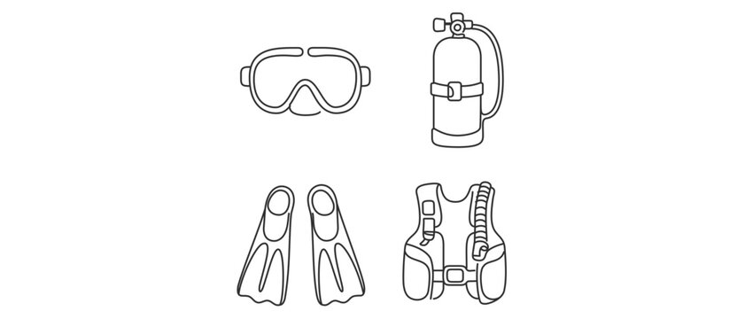 Scuba Diving Equipment Vector Icon Set featuring Dive Mask, Oxygen Tank, Swim Fins, and Buoyancy Compensator. 4 Minimalist Line Icons with Editable Stroke for Water Sports and Outdoor Adventure.
