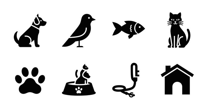 8 Pet Care icons dog bird fish cat paw bowl leash house, outline solid styles, UI and web interface design