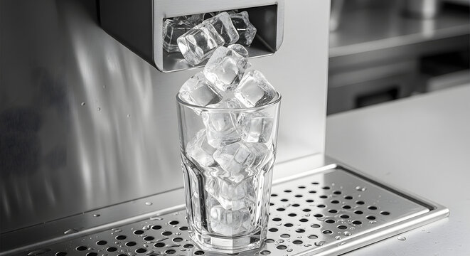 ice cubes pouring into a clear drinking glass from an automatic ice dispenser machine