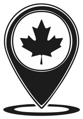 Fototapeta premium Black and white Canadian map pin icon, representing location and travel destination, with maple leaf symbol.