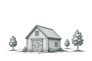 Rural farm barn vector illustration in minimalist line art style with surrounding trees for agriculture and countryside landscape design © Chairul