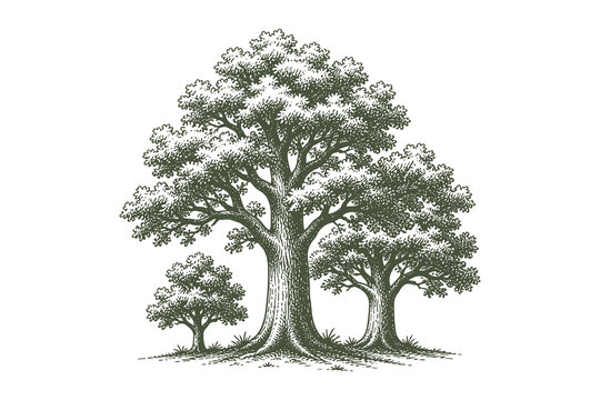 Mature oak tree and young sapling vector illustration in detailed line art style for forest growth and nature conservation themes