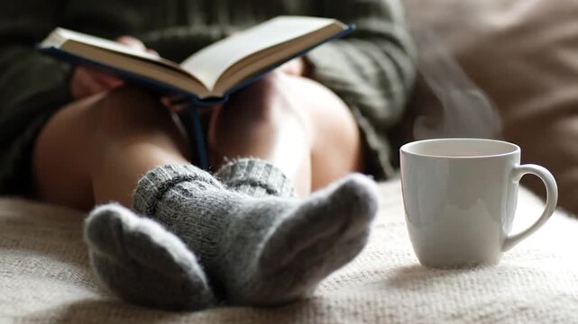 Cozy Indoor Scene of a Person Reading a Book in Knitted Socks with a Steaming Cup of Coffee, Capturing Relaxation and Comfort