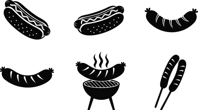 Set of grilled hot dogs and sausages vector silhouette illustration line art icons.