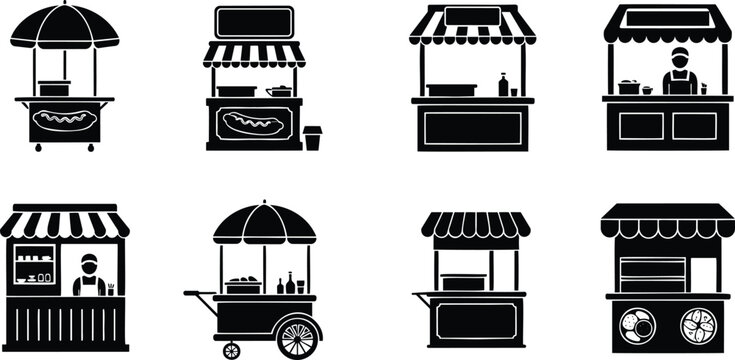Set of vector silhouette food stalls and kiosks illustration, street food vendor line art collection.