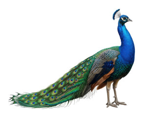Fototapeta premium A vibrant blue and green peacock standing proudly with its colorful tail feathers spread on a white background.
