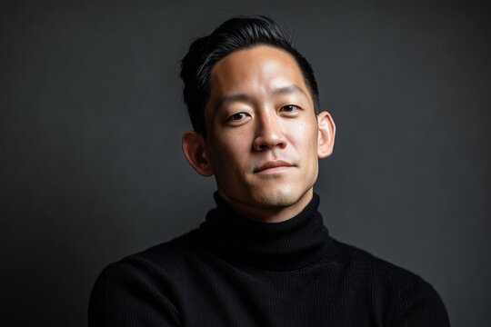 Handsome man in black sweater with serious face, portrait style with gray background