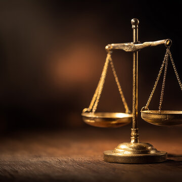 A gold scales of justice on wooden table, law and legal concept