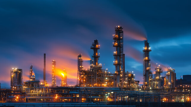 Night view of a working industrial factory, industry and production in the city