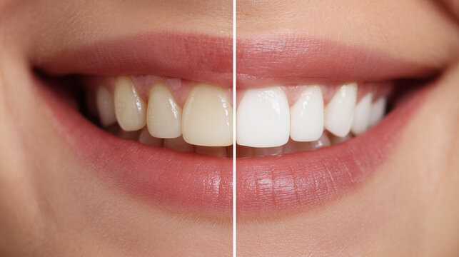 A smile displaying the difference between yellow and bright teeth, Dental health concept 