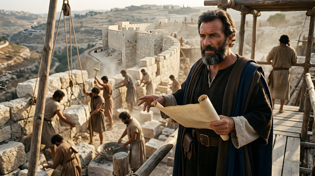 Nehemiah overseeing the reconstruction of the walls of jerusalem, biblical scene with workers and stone masonry