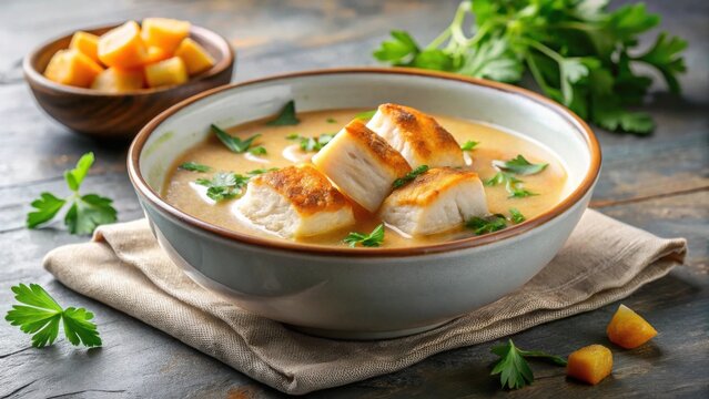 Creamy Fish Chowder with Pan-Seared Fish Cubes and Fresh Parsley Garnish in a Rustic Bowl