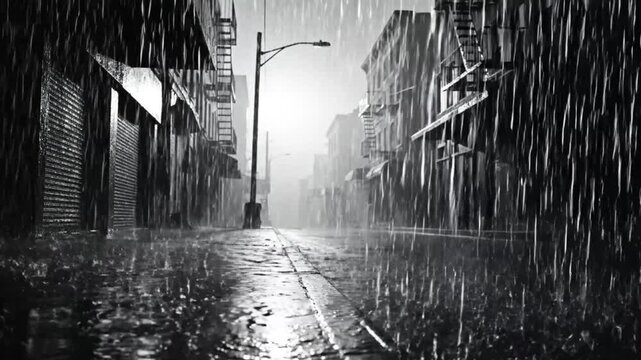 Black and white shot of a rainy urban street with buildings and a lamppost reflecting the downpour