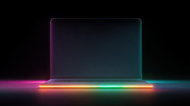 Sleek laptop with vibrant neon light accents, glowing in the dark