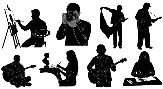 Silhouettes of musicians and artists playing.