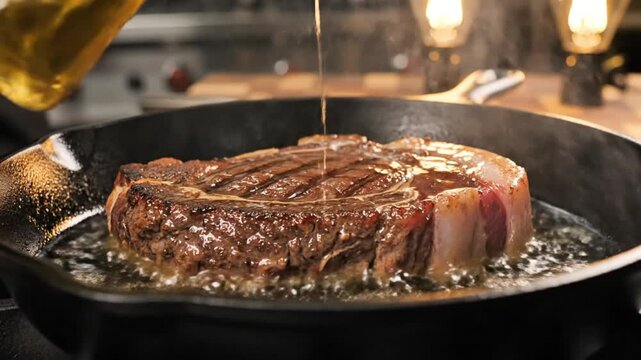 Chef pouring clarified butter over a sizzling ribeye steak in a cast iron skillet for a delicious dinner