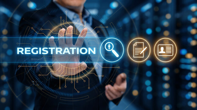 Businessman pressing digital interface for registration with icons for search, document, and ID
