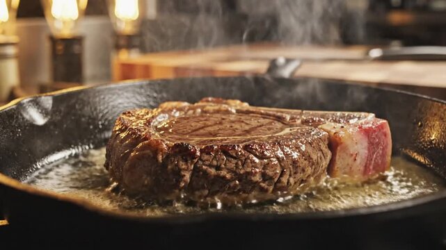 Chef pouring oil over a juicy ribeye steak sizzling in a hot cast iron pan for a perfect sear