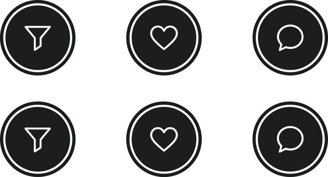Minimal social media interface icons set with filter heart and chat message buttons in black circular design