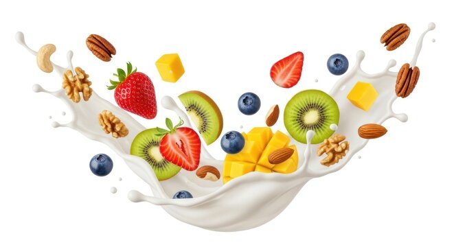 Fresh fruit splash with nuts in milk a colorful and appetizing composition