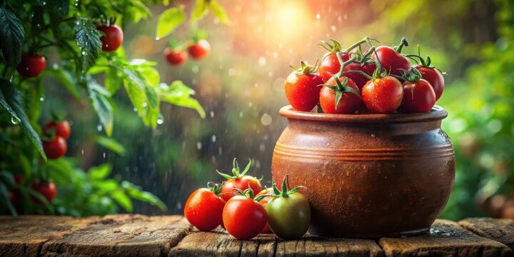 Sun-drenched garden tomatoes, freshly picked and glistening with rain, nestled in a rustic earthenware pot on a weathered wooden surface
