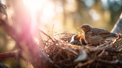 Fototapeta premium Bird in nest with hungry chicks, parent feeding young. Natural forest lighting creating a wild bird family parenting moment