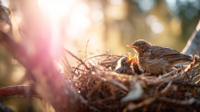 Bird in nest with hungry chicks, parent feeding young. Natural forest lighting creating a wild bird family parenting moment