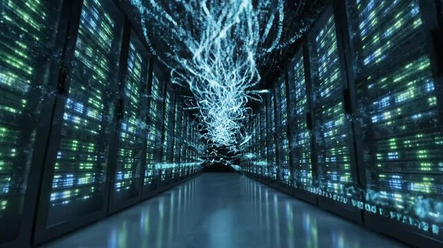 Digital binary data visualization floating in a high tech server room with glowing server racks