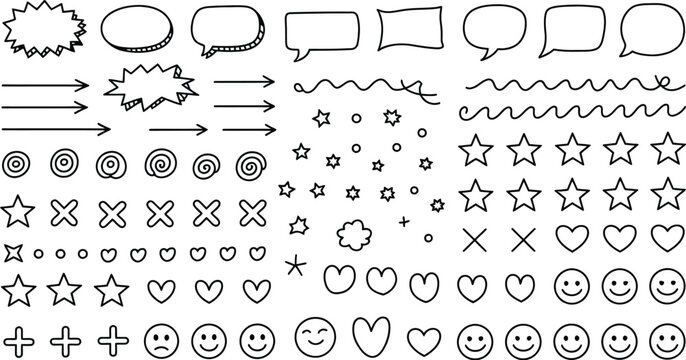 Set of doodle icons including arrows stars speech bubbles hearts symbols hand drawn vector illustration collection minimal design
