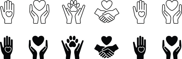 Fototapeta premium Set of charity and support hand gesture icons including helping love care handshake minimal outline vector illustration design 