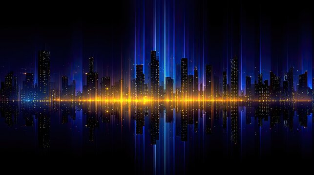 Abstract cityscape with glowing yellow and blue lights, reflecting on water
