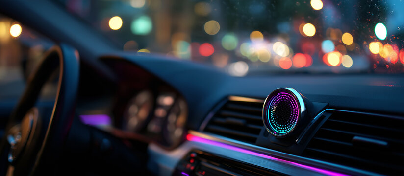 Colorful air freshener sits on car dashboard