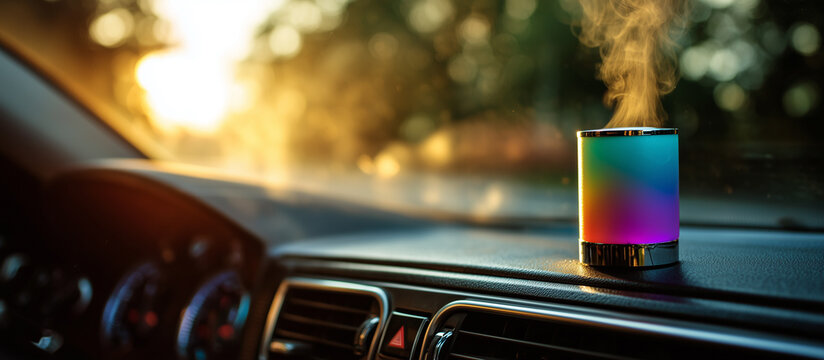 Colorful air freshener sits on car dashboard
