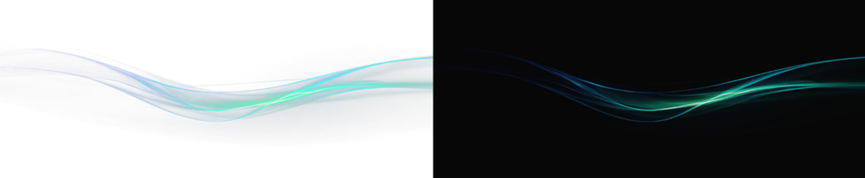 Realistic blue light waves set, atmospheric glowing ethereal curves and flowing energy lines on white and black background