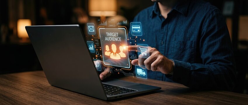 Analyzing target audience engagement through digital tools online workspace marketing strategy professional environment focused concept
