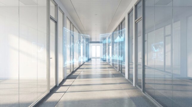 Brightly lit corporate hallway features glass partitions and gray carpeting, with glowing blue holographic data screens floating in mid-air.