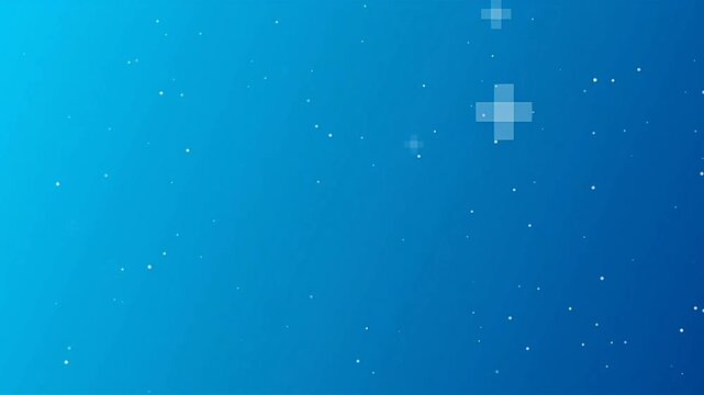 Dynamic blue digital background with scattered glowing white particle elements and subtle positive cross symbols, representing innovation and data flow in a modern concept