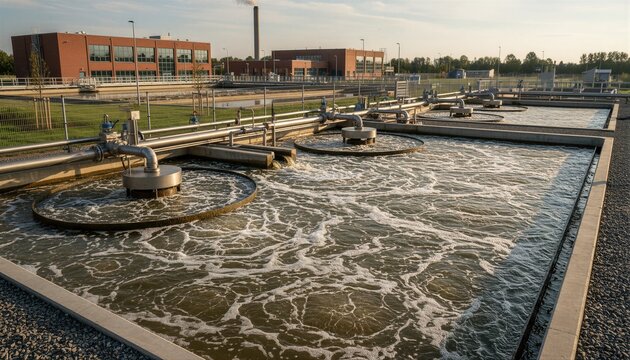 Wastewater treatment plant with large aeration tanks for sewage processing. Industrial water purification system for urban sewage management. Environmental engineering and ecology concept.