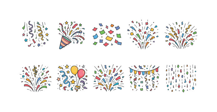 Collection of colorful confetti and party poppers for celebrations and events