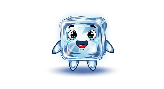 Cartoon ice cube character smiling on white background for design