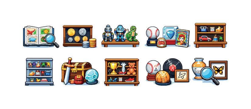 Collection of various items displayed on shelves and in cases, including toys and memorabilia