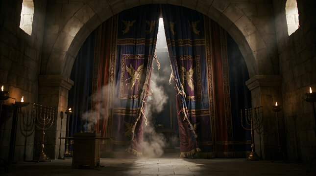 The torn veil of the temple, dramatic biblical scene with smoke and light, ancient sanctuary interior