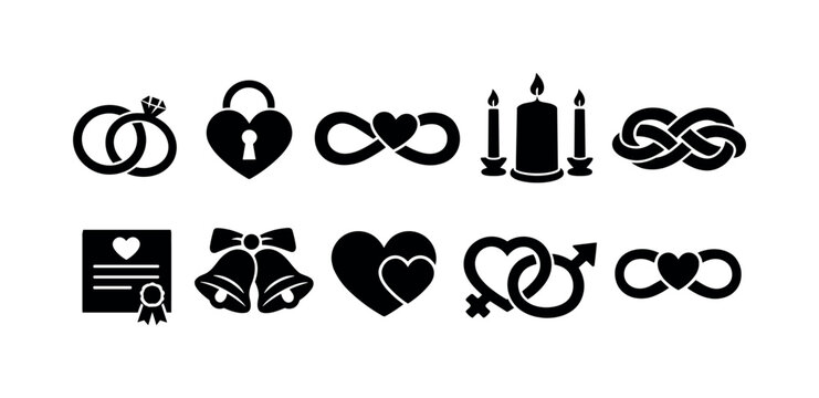 Collection of wedding and love symbols including rings, hearts, and infinity knots