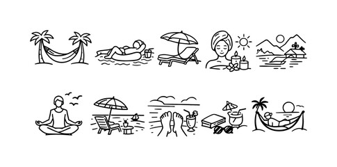 Obraz premium Collection of simple line art icons representing beach vacation and relaxation activities
