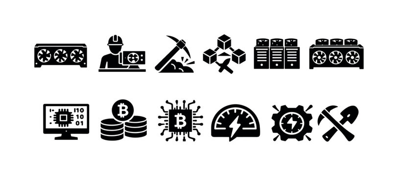 Cryptocurrency mining icons depicting hardware, blockchain, and digital currency concepts